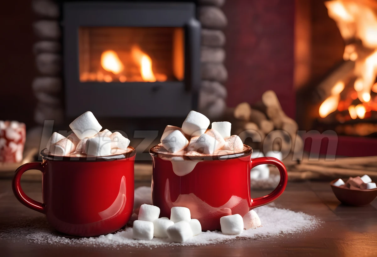 Cozy Hot Cocoa Mugs by Fireplace