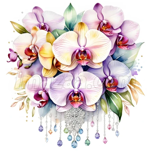 Pack of 12 Different Colored Orchid Bouquets Watercolor Floral Clipart Set