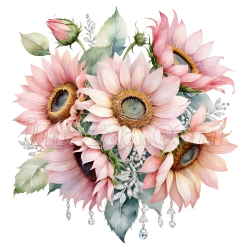 Pack of 12 Different Colored Sunflower Bouquets Watercolor Floral Clipart Set