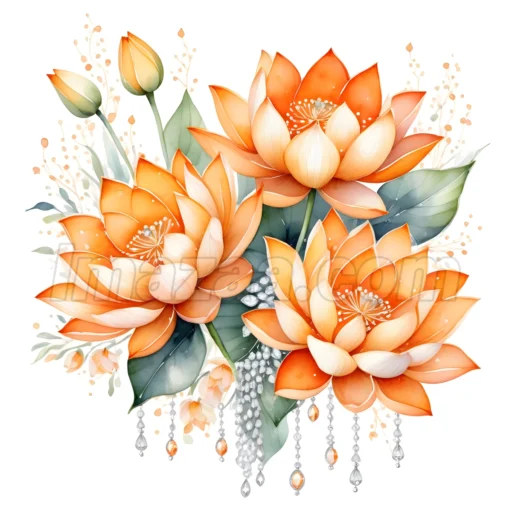 Pack of 13 Different Colored Lotus Bouquets Watercolor Floral Clipart Set