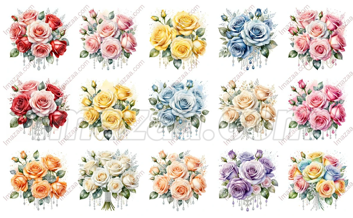 Pack of 15 Different Colored Roses Bouquets Watercolor Floral Clipart Set - Image 2
