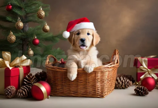 Puppy in Christmas Basket